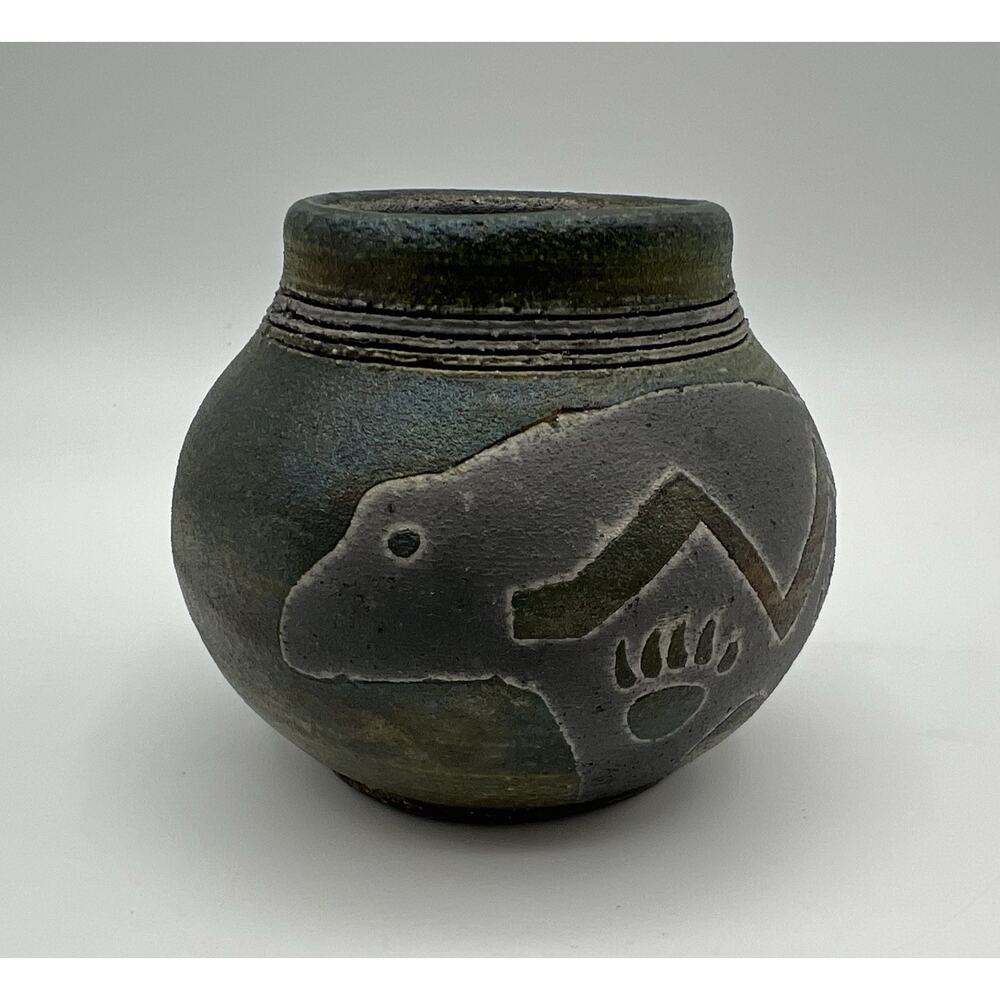 Jeremy Diller Raku Art Pottery Vase Pot Vessel w Bear 3” Earth & Fire Metallics